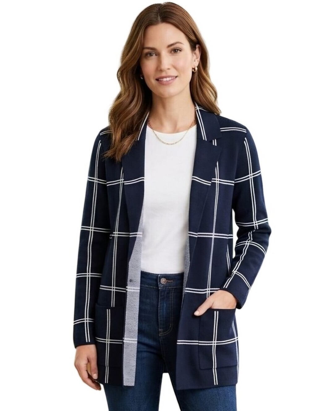 Loft Navy Windowpane Relaxed Sweater Blazer Open Front Pockets Sustainable S